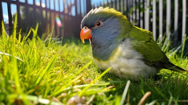 cute parrot lying on grass