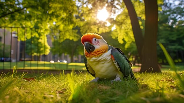 Photo cute parrot lying on grass