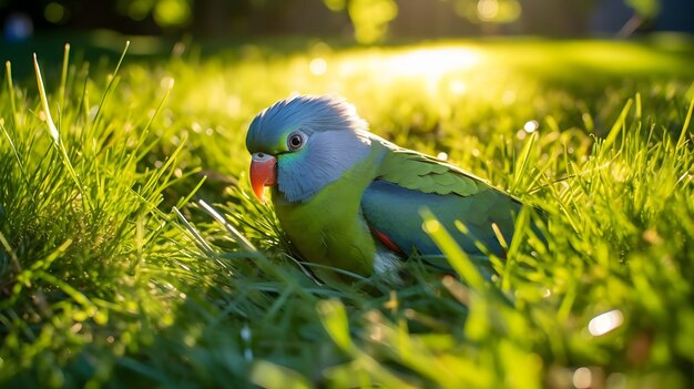 写真 草の上に横たわるかわいいオウム