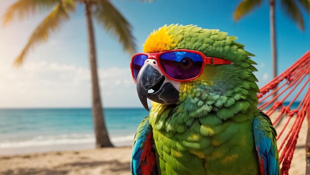 Photo cute parrot in sunglasses on the beach