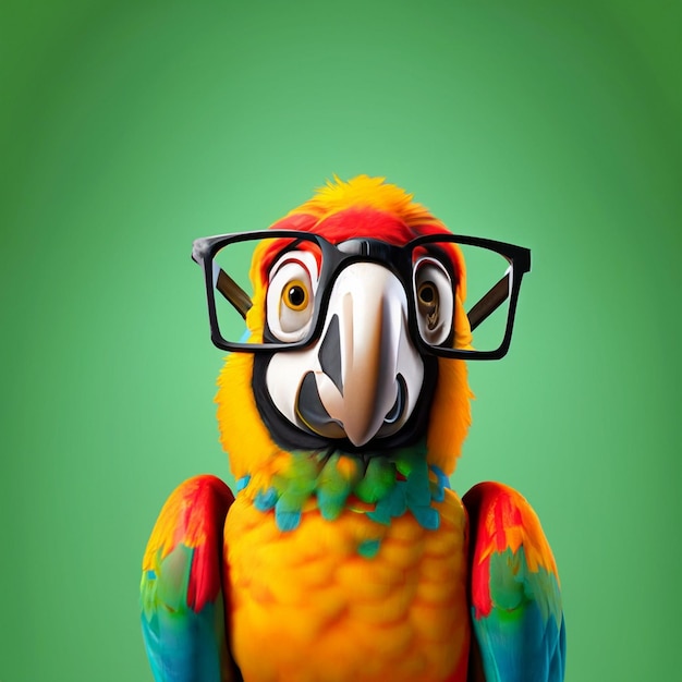 Cute parrot with bright beautiful colors he laughs sarcastically wears glasses wears a cap ha