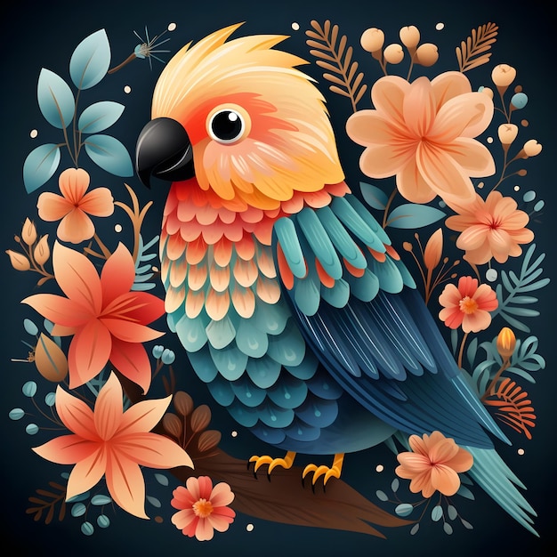 cute Parrot with flower minimal doodle style Pastel Colors Parrot Bird