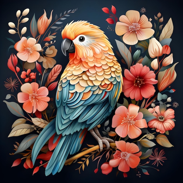 cute Parrot with flower minimal doodle style Pastel Colors Parrot Bird