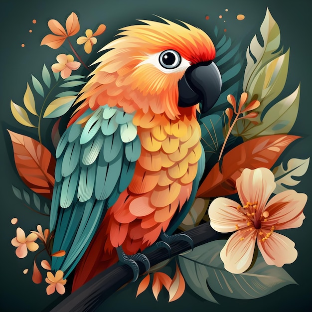 cute Parrot with flower minimal doodle style Pastel Colors Parrot Bird