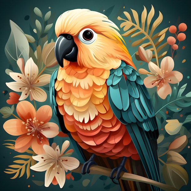 花とかわいいオウム最小限の落書きスタイル パステル カラーのオウム鳥
