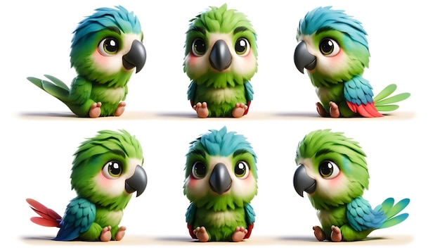 Photo cute parrots in different poses and expressions happy curious surprised and content against a w