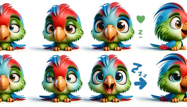 cute parrots in different poses and expressions happy curious surprised and content against a w