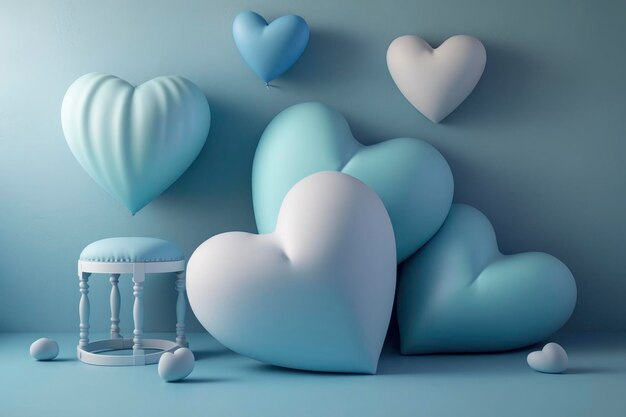 Cute pastel blue heart balloons cushion background 3d rendering hearts white day baby shower gender reveal