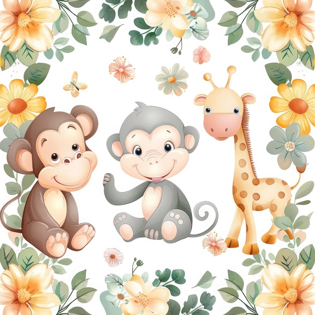 Cute pastel color watercolor safari scene