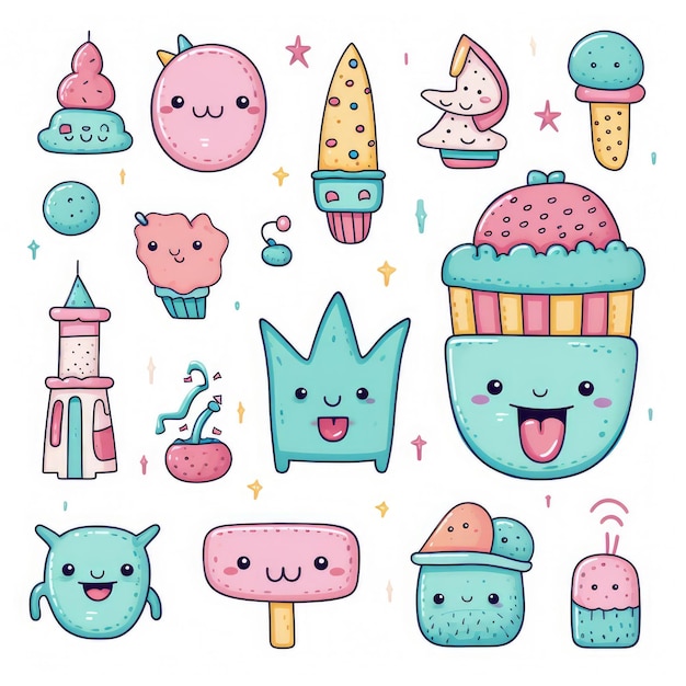 Photo cute pastel elements graphic sticker collection in kawaii style ai generative