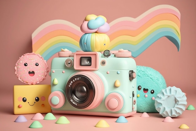 Cute pastel kawaii photo camera on the colorful background Generated AI