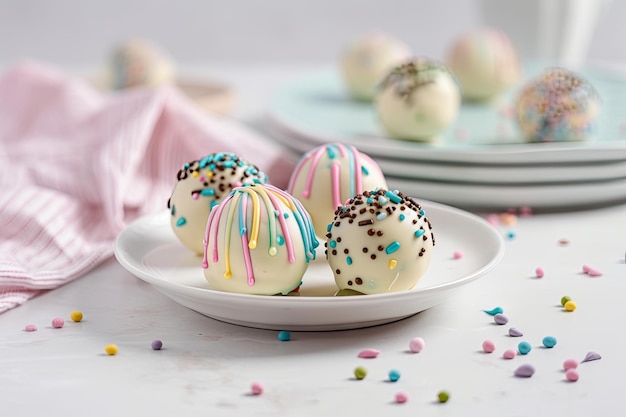 Cute pastelcolored truffles with sprinkles and drizzle