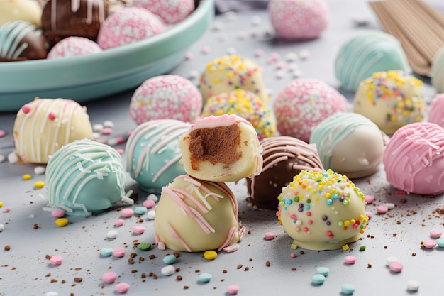 Cute pastelcolored truffles with sprinkles and drizzle