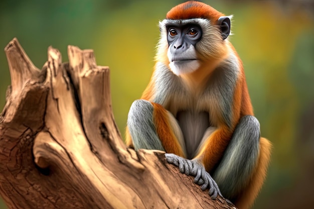 A cute patas monkey is seen up close as it relaxes on a tree stump