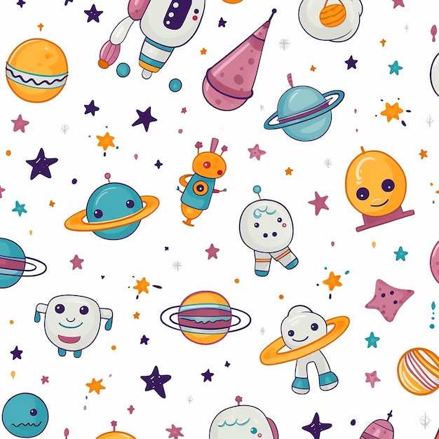 Photo a cute pattern of spacerelated objects simple children drawing flat colors white background