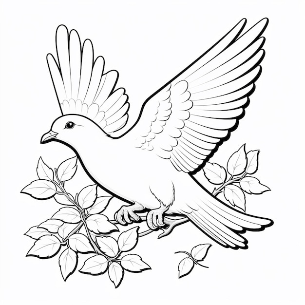 Photo cute peace dove bird sitting branch drawing white background ai generated image