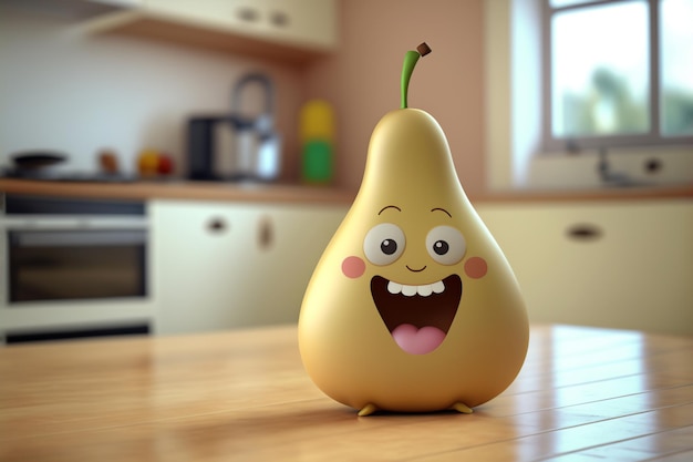 キッチンでのかわいい梨の甘い笑顔 3D レンダリング スタイル AI 生成イラスト