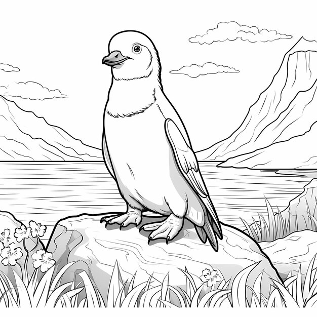 Cute penguin adventure coloring page with simple full body drawing children