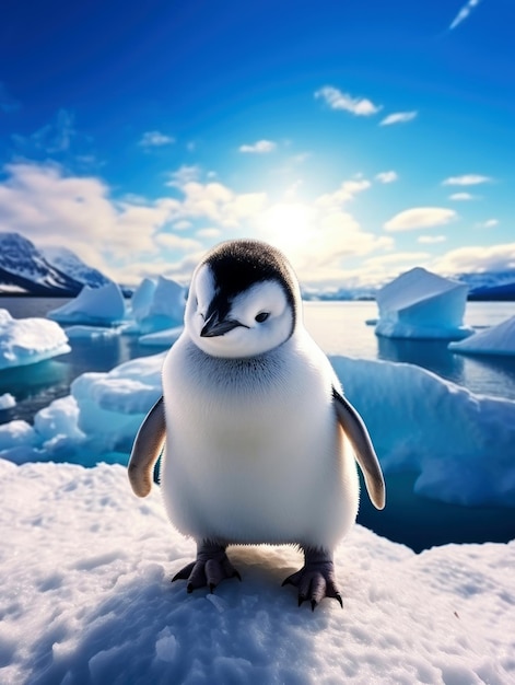 Cute penguin against the snowy blue ocean