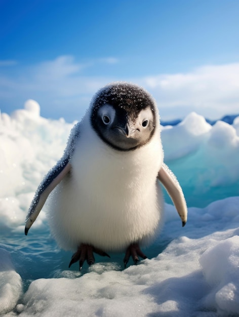 Cute penguin against the snowy blue ocean