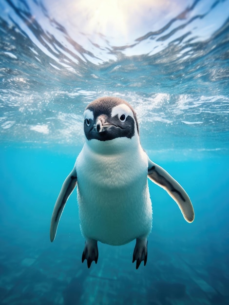 Cute penguin against the snowy blue ocean