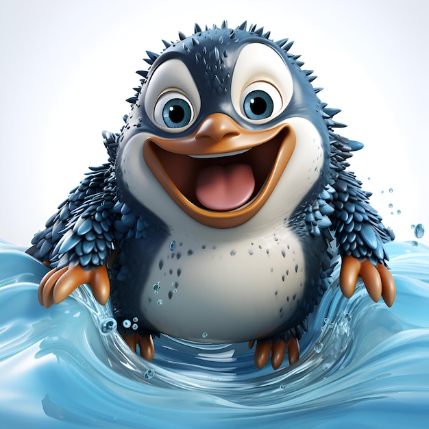 Cute penguin cartoon character swimming in the water with happy expression