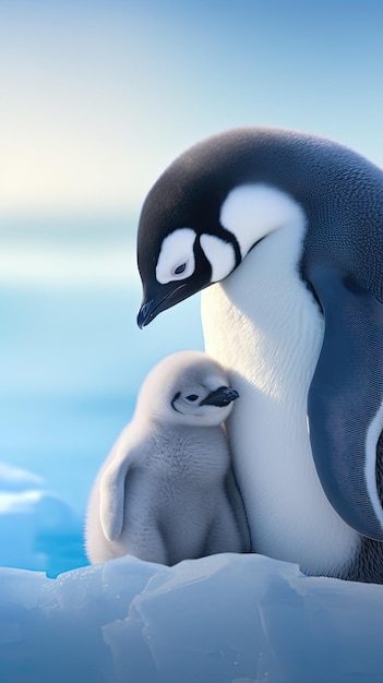 Cute penguin chick huddled with its parent wallpaper for the phone