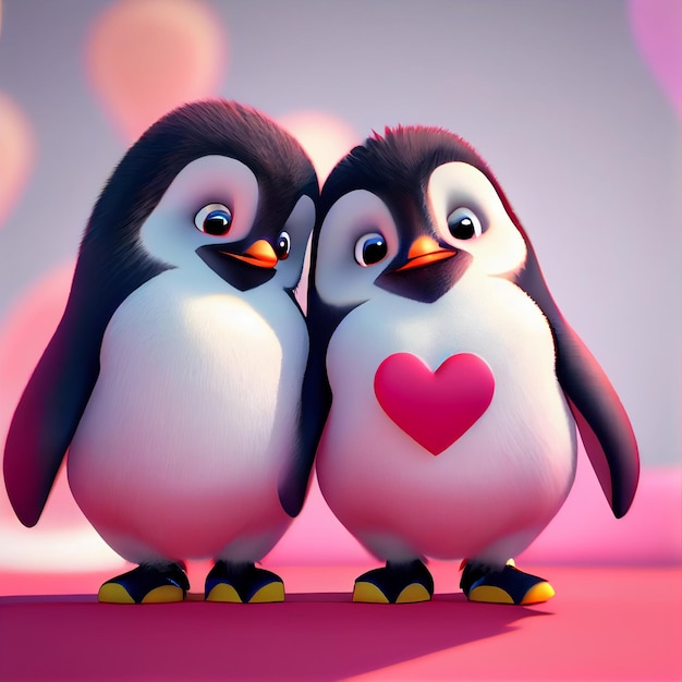 Cute penguin couple in love with hearts 3d render cartoon illustration