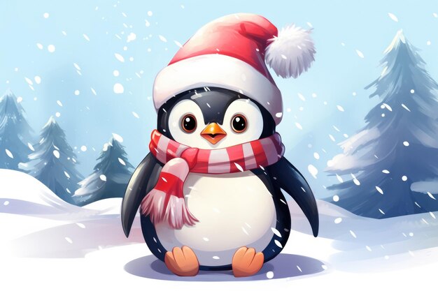 Милый пингвин в шляпе и шарфе иллюстрация зимнего леса рождественское настроение