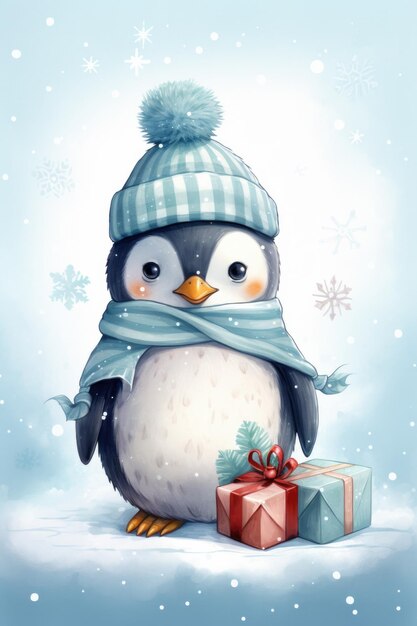 Cute penguin in a hat and scarf with gifts illustration a winter forest Christmas mood