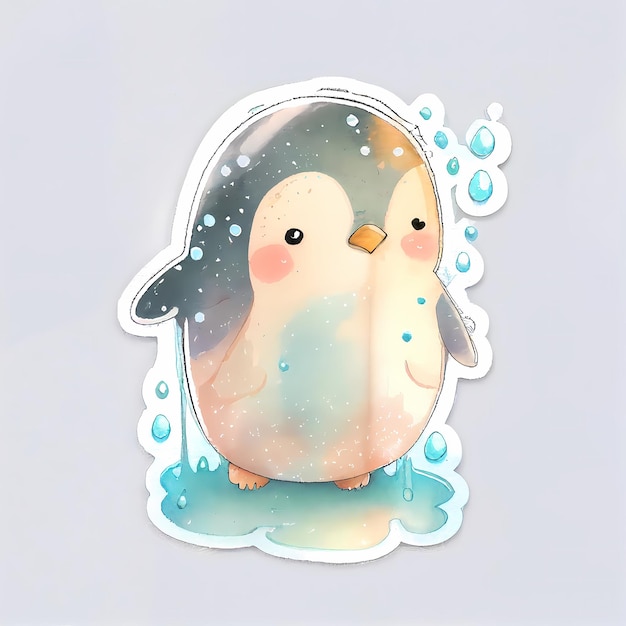 かわいいペンギン ステッカー デザイン、水彩イラスト