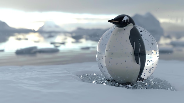 Cute penguin trapped in a glass ball on the ice 3D rendering