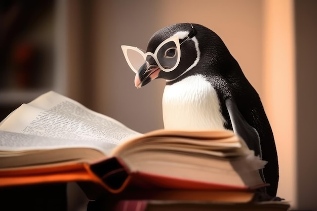 メガネをかけたかわいいペンギンがリビングルームで本を読んでいる AI