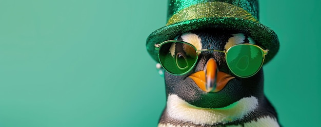 Милый пингвин в шляпе и солнцезащитных очках на День Святого Патрика.
