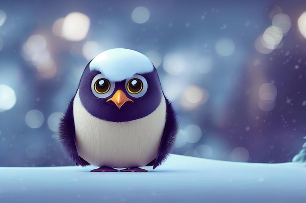 Cute penguin in winter landscape