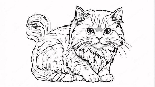 Cute Persian Cat Pet Line Art Hand Drawn Kawaii Coloring Book Illustration