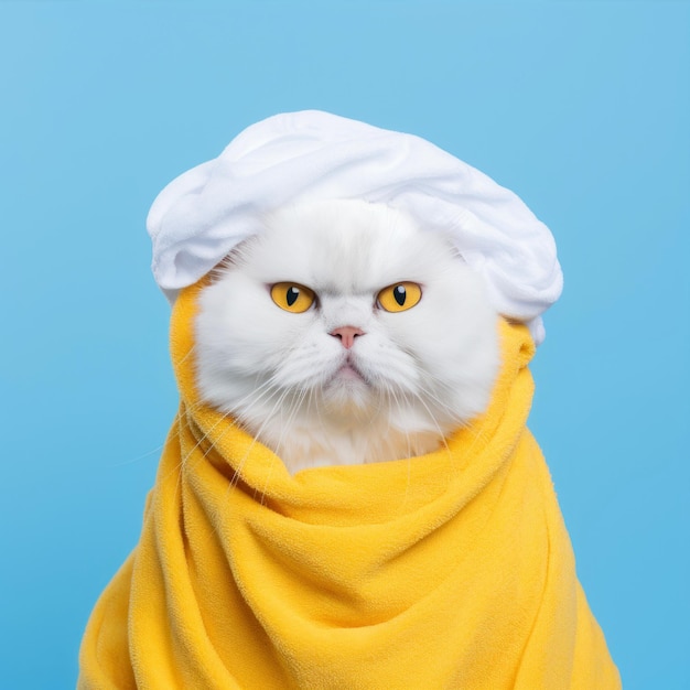 Cute persian cat wearing yellow towel and turban on blue background