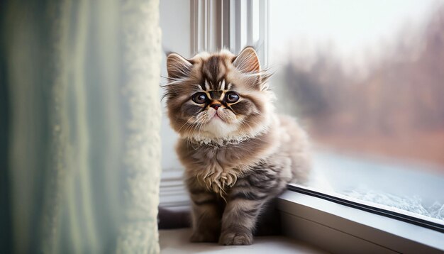 Cute Persian kitten sits at window staring outside