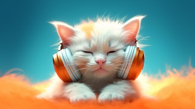 Cute pet cat listening to music with headphones 3d illustration generative ai