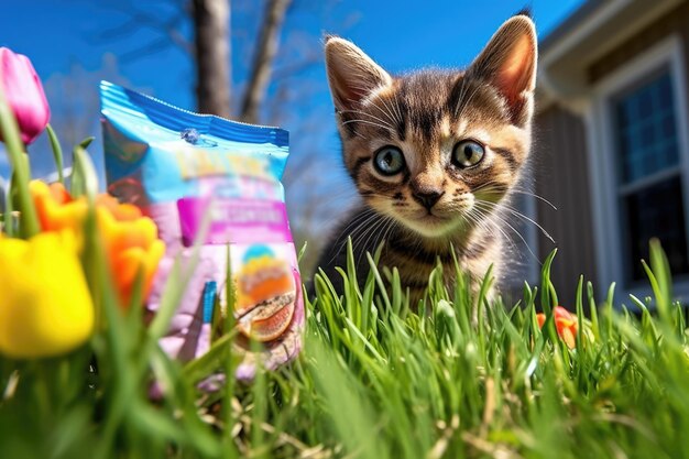 屋外の草原にかわいいペットの猫