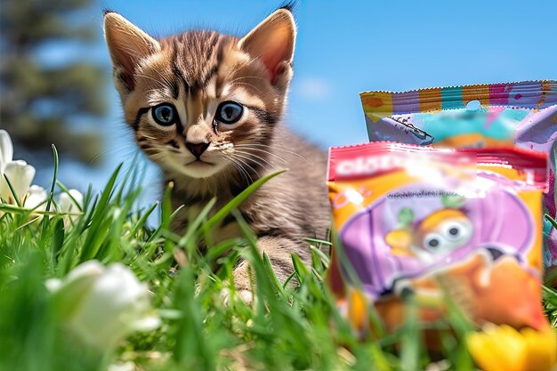 屋外の草原にかわいいペットの猫