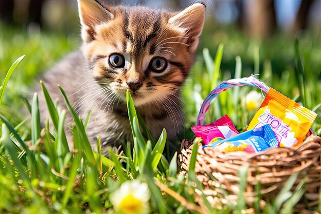 야외 초원에 귀여운 애완 고양이