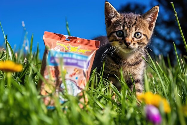 야외 초원에 귀여운 애완 고양이