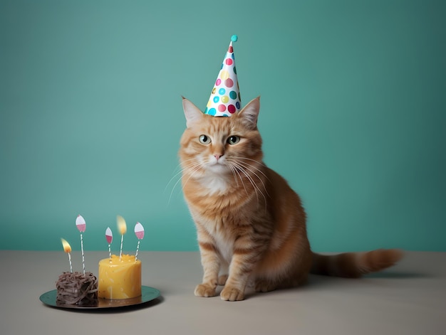 お誕生日おめでとうを祝う誕生日ケーキを持つかわいいペットの猫