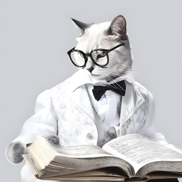 Фото Милый домашний кот с очками и открытой книгой сгенерирован искусственным интеллектом