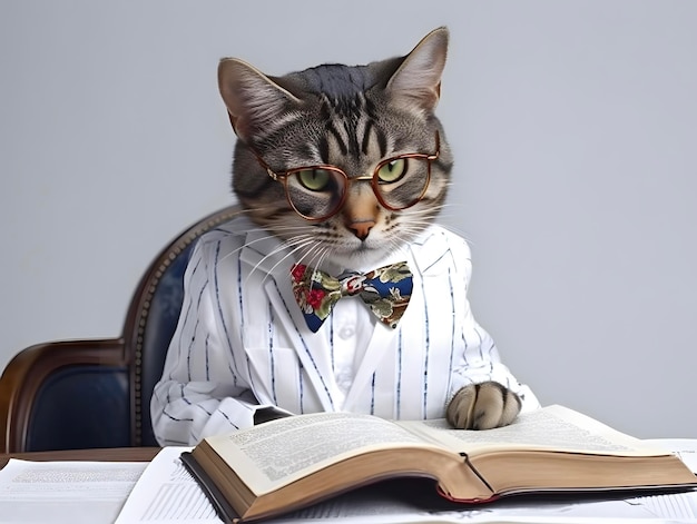 Cute pet cat with eyeglasses and opened book AI generated