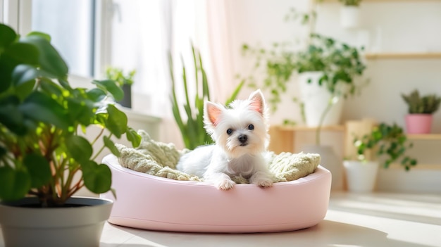 Cute pet dog resting in a pet bed