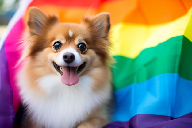 Cute pet sitting near LGBT flag month pride conceptual illustration Generative AI technology