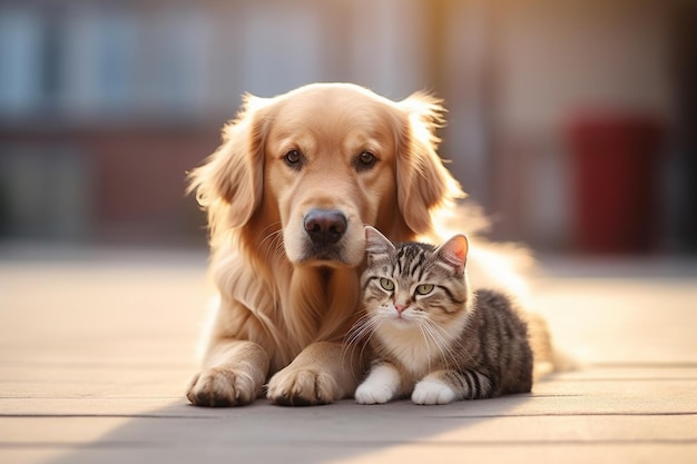 Cute pet sitting together and Close up portrait on beautiful cat and dog