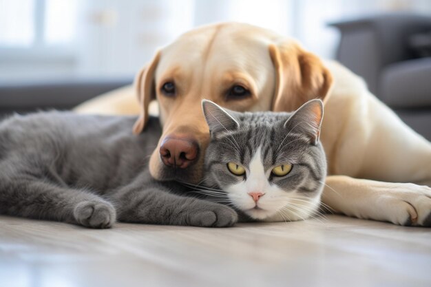 Cute pet sitting together and Close up portrait on beautiful cat and dog